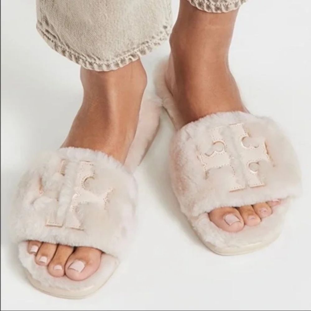 TORY BURCH Double T Sport Shearling  Fur Slide